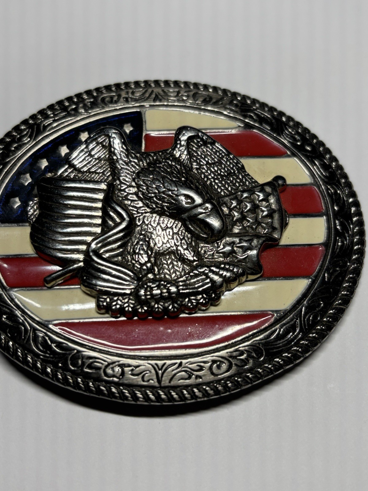 Belt Buckle American Flag Eagle Patriotic Silver Metal Red White & Blue