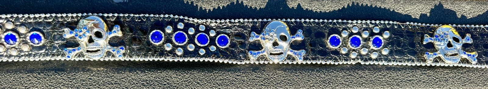 Skull covered in Clear & Blue Rhinestones Belt & Belt Buckle,Missing Some Stones