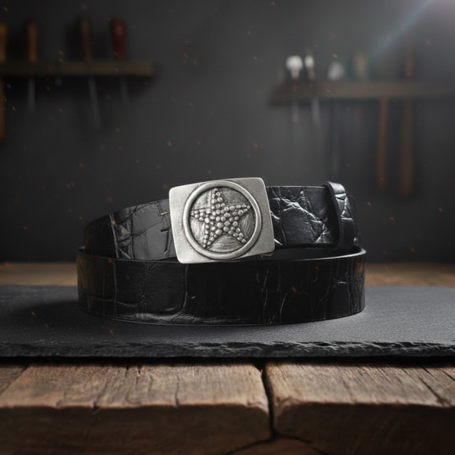 Rectangular Belt Buckle With Star Embossing Metal Western Retro Design