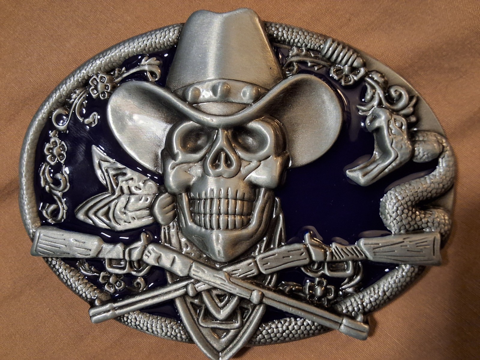 Cowboy Skull with Bandana Crossed Riffle Silver Toned Blue Enamel Belt Buckle