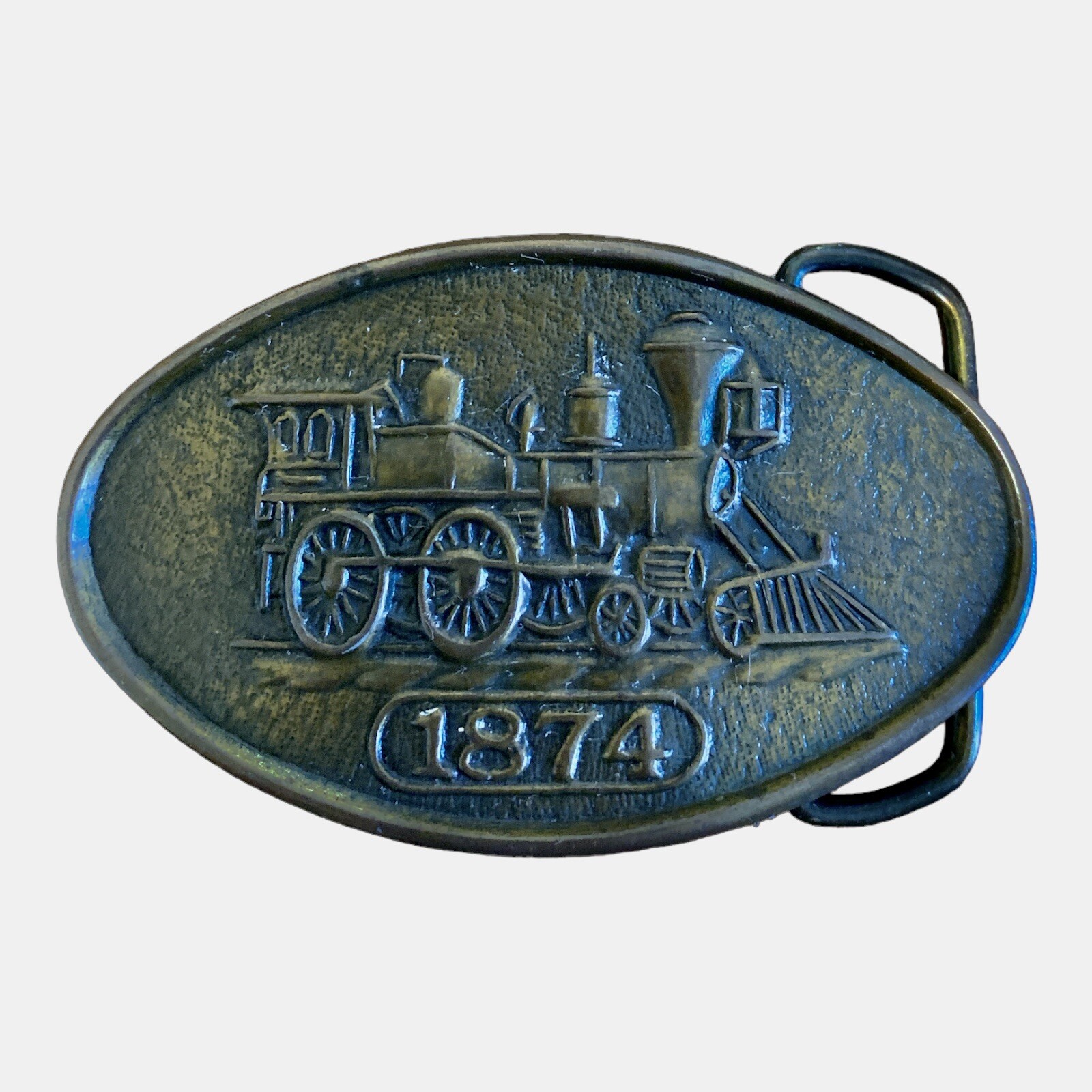 Vintage 1874 Locomotive Train Belt Buckle Approx 5”x2” Railroad 856