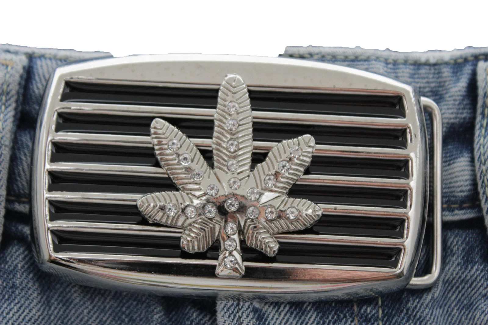 Men Silver Black Metal Belt Buckle Marijuana Leaf Cannabis Plant Statement