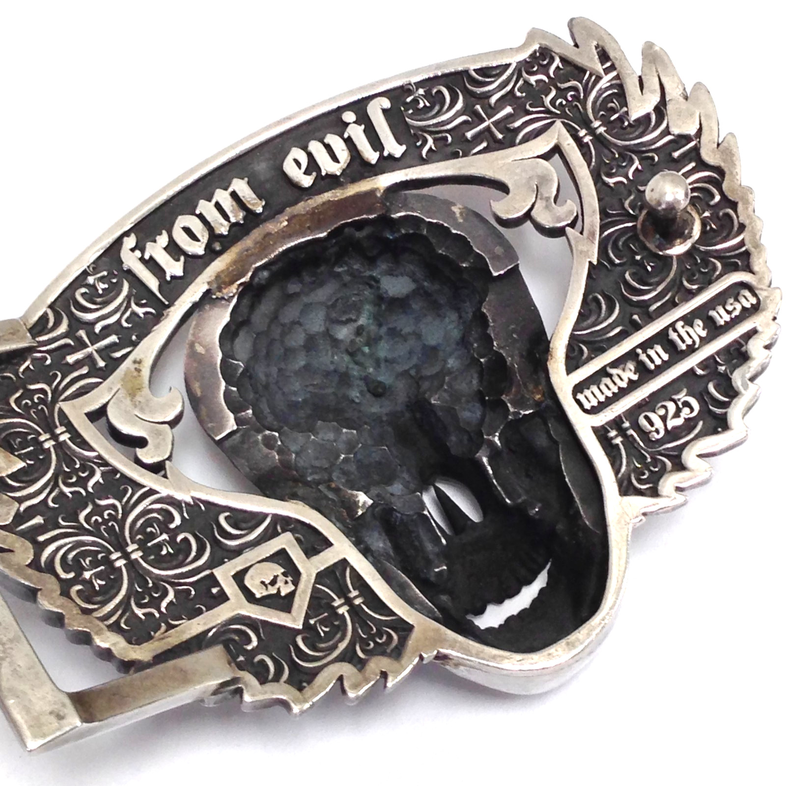 Skull & Wings Deliverance From Evil Belt Buckle Solid Sterling Silver 236.8g