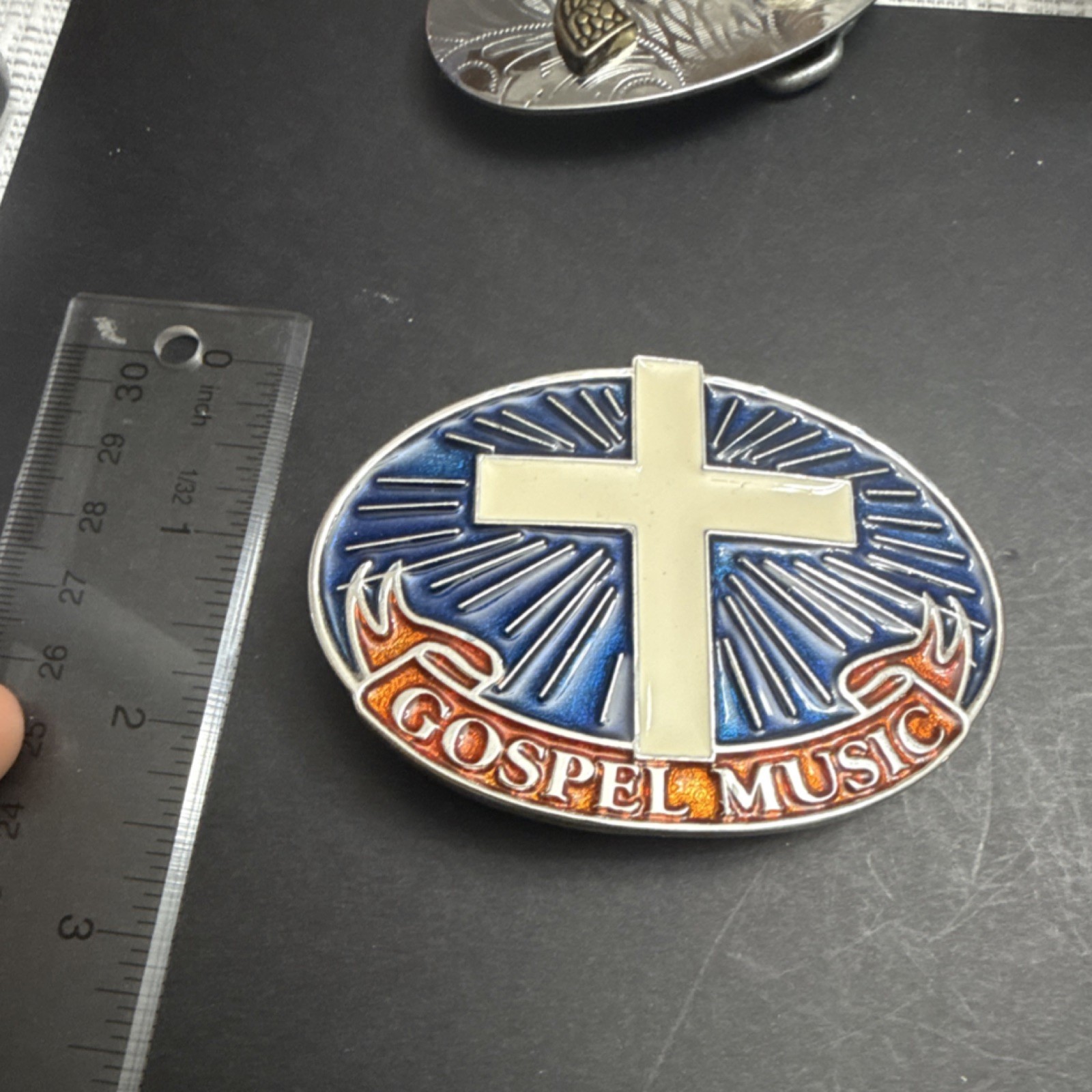 Gospel Music Cross Blue Orange Metal Belt Buckle 2451