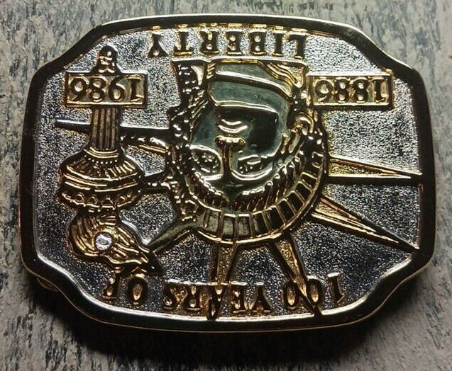 100 Years of Liberty 1886-1986 Gold & Silver Tones Belt Buckle 3 3/8&Prime; x 2 5/8&Prime;