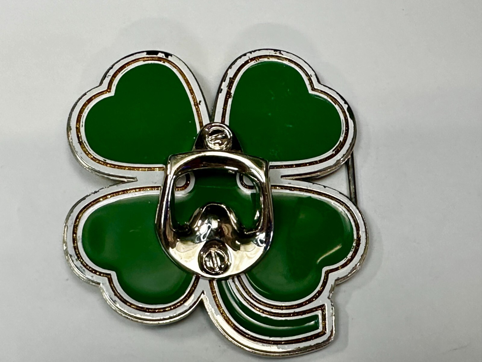 Lucky Four Leaf Clover Shamrock Green Silver Novelty Bottle Opener & Belt Buckle