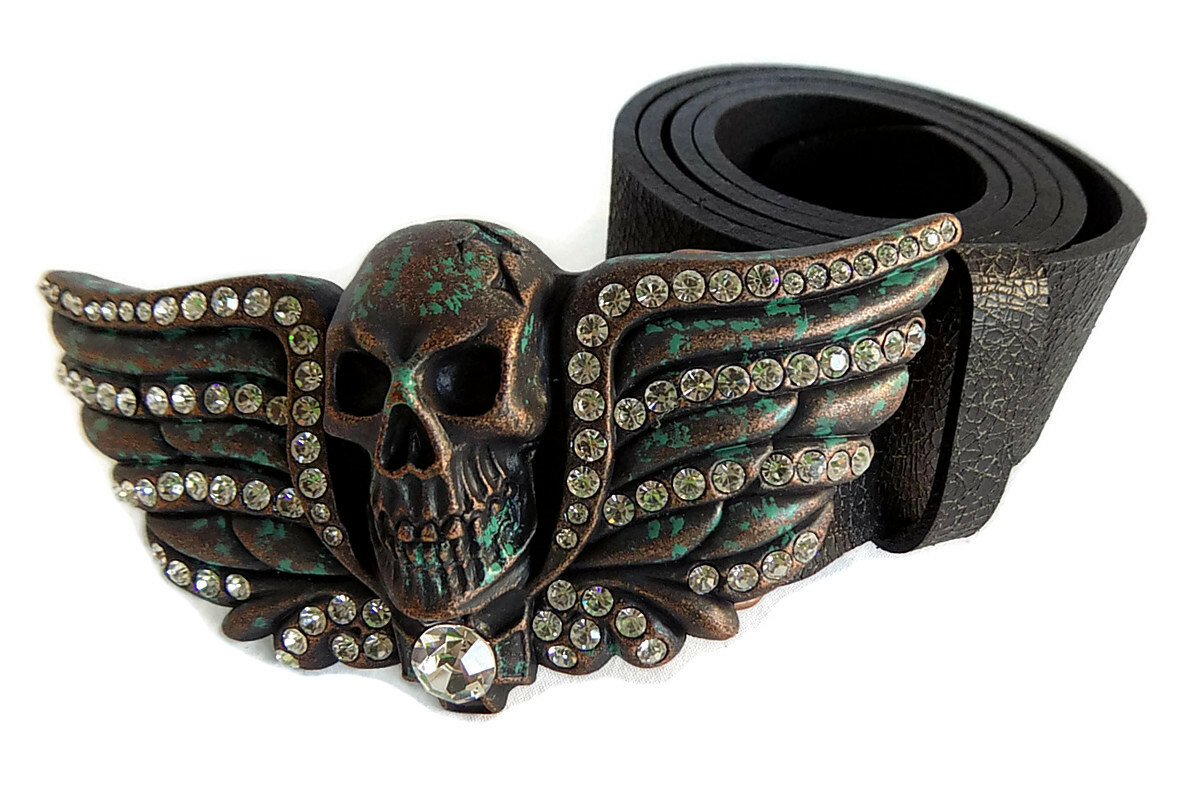 WASHED UP HOLLYWOOD #018PM 1½” CRYSTAL SKULL HEAD PATINA MARBLE BELT BUCKLE