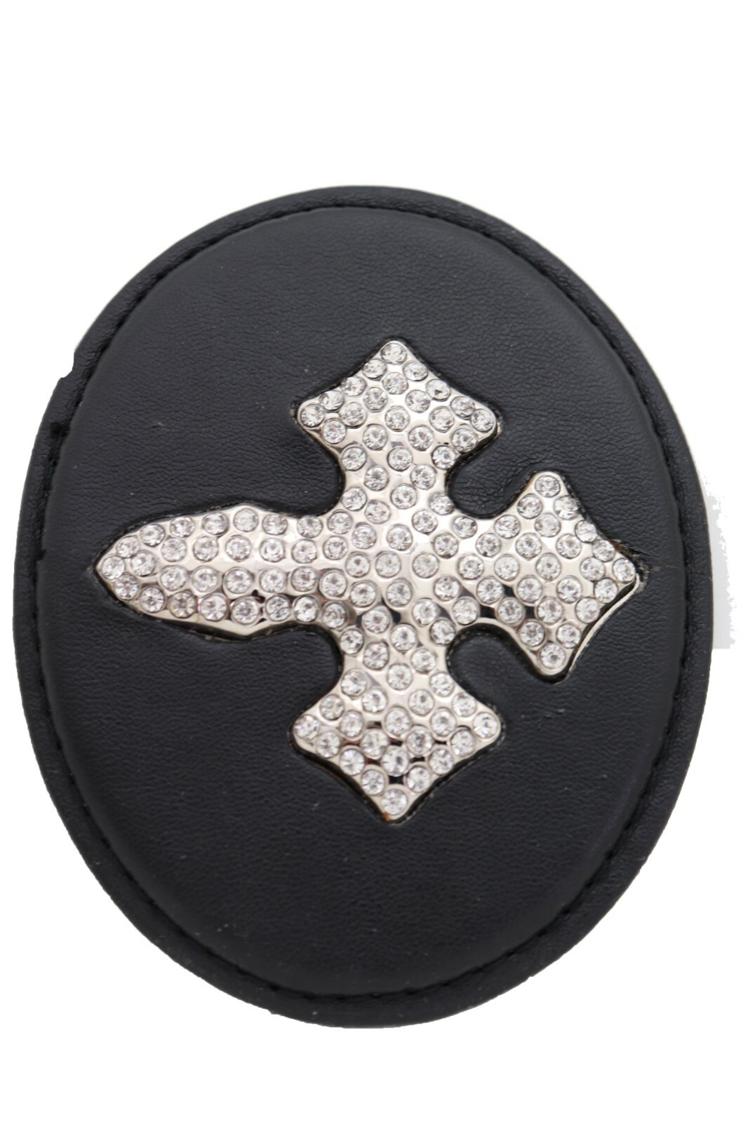 Men Women Fancy Belt Buckle Black Faux Leather Silver Metal Western Bling Cross
