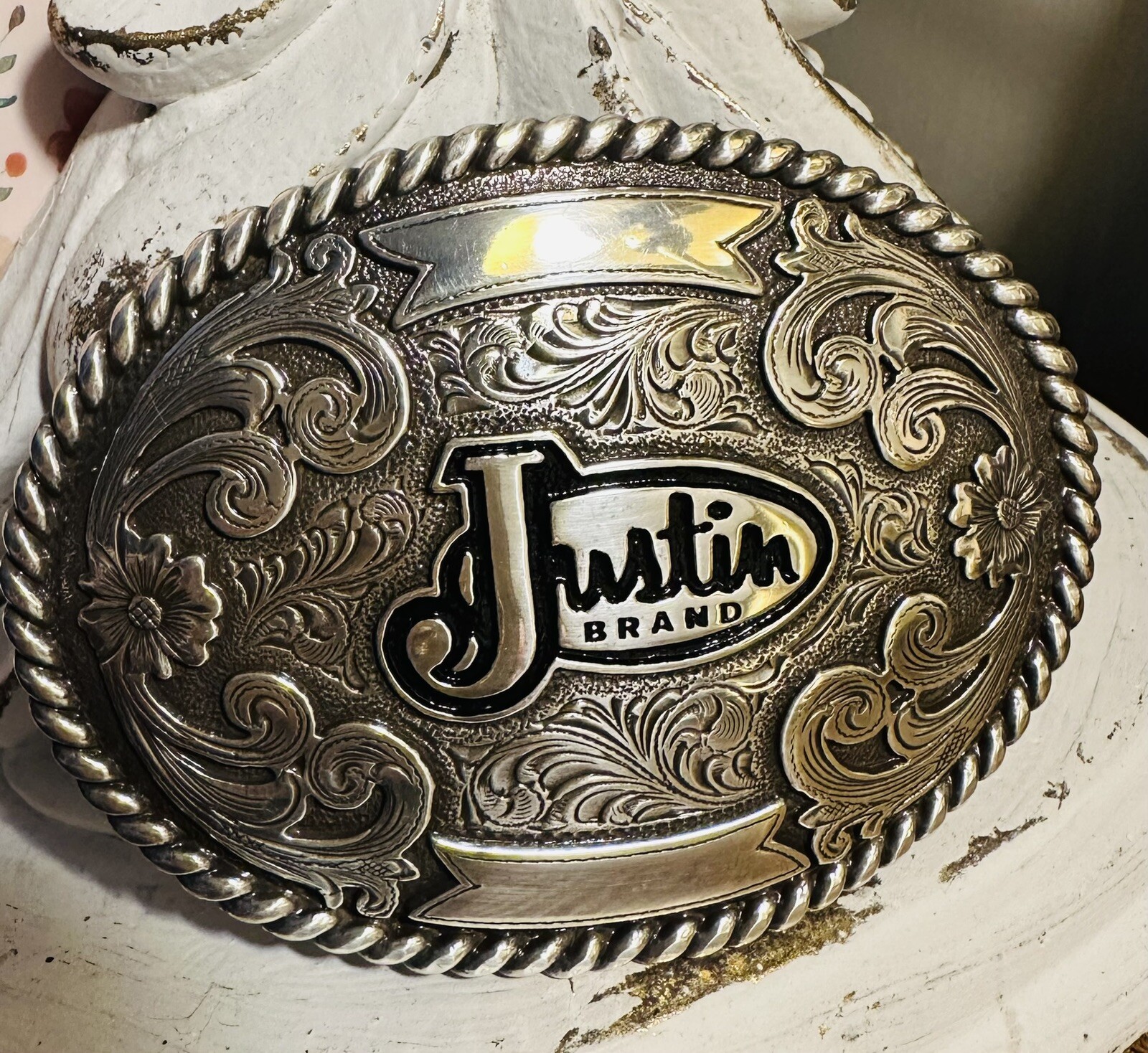 JUSTIN Boots Promo Silver Belt Buckle Western Scroll Work Cowboy Rodeo Oval
