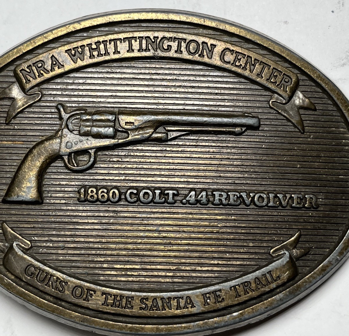 NRA Whittington Center Brass Belt Buckle Santa Fe Trail 1860 Colt 44 Revolver 3”