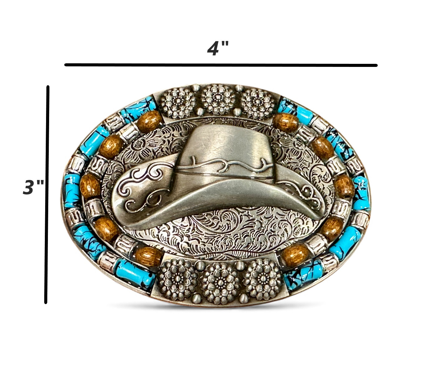 Western Fashion Belt Buckle Men Antique Silver Metal Cowboy Hat Turquoise