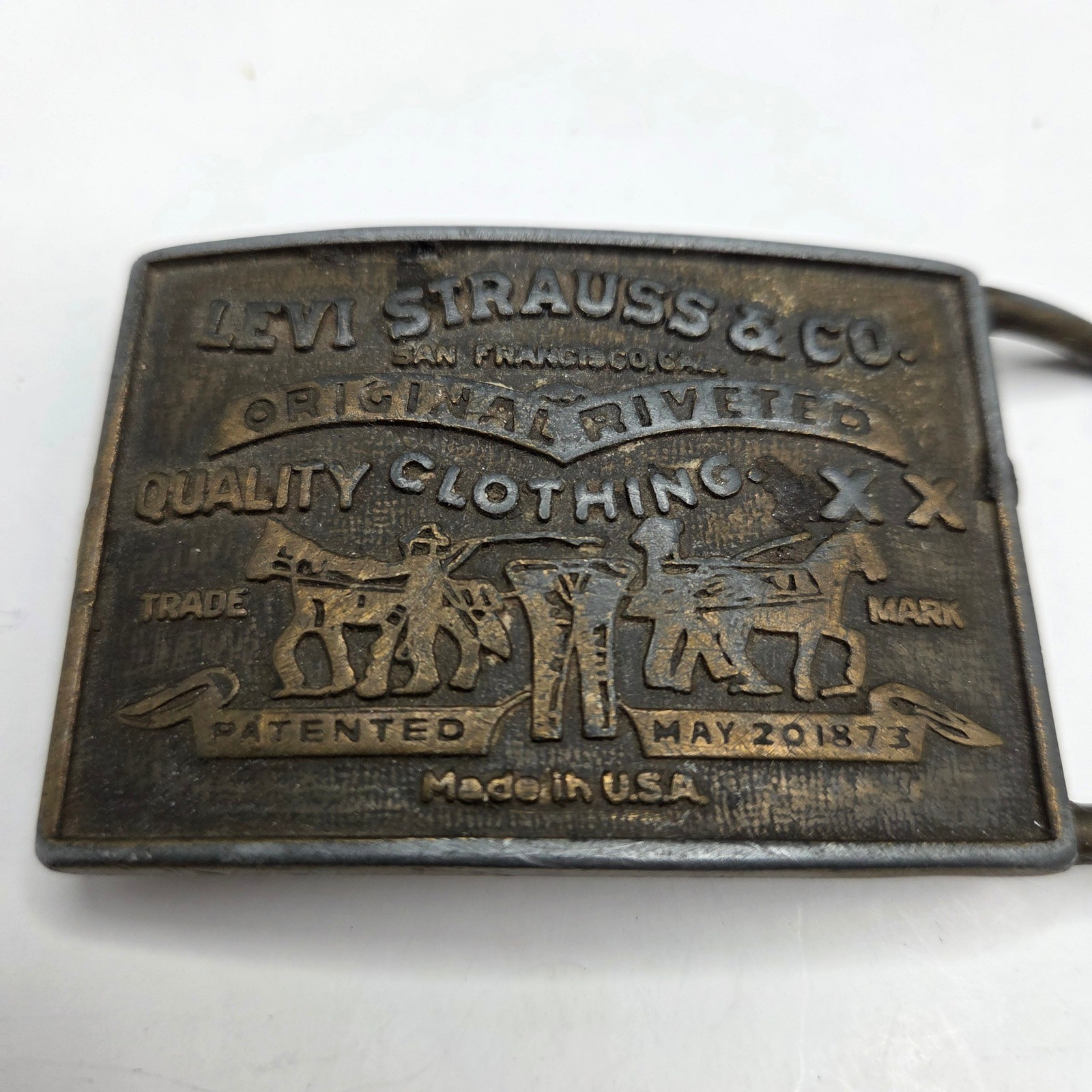 Levi Strauss Vintage Belt Buckle Two Horse Logo Brass Made in USA OS Gold Tone