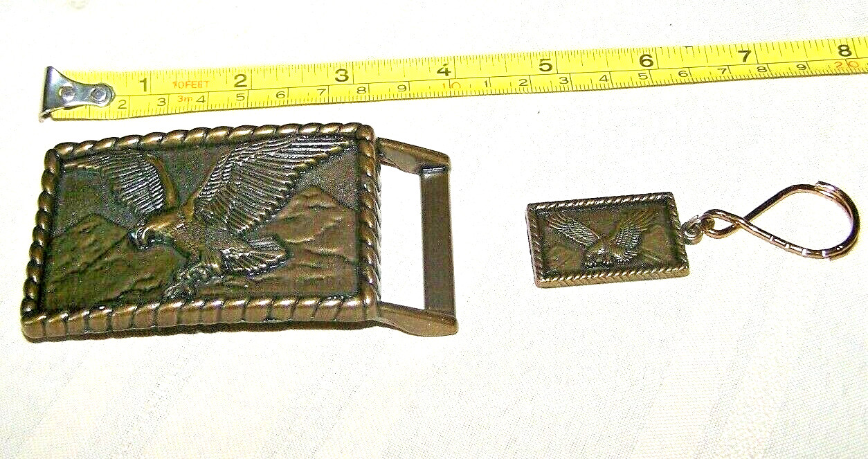 Brass Relief American Eagle spanned wings & mountains Belt Buckle and Key Chain