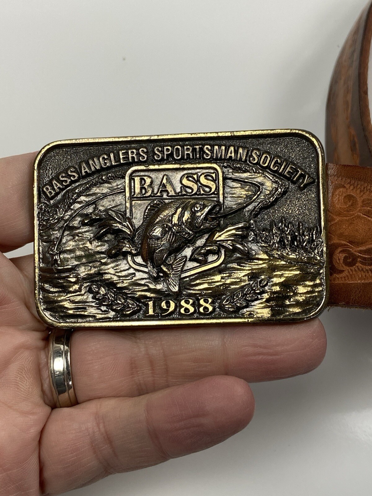 Leather Belt (37-42) + Buckle Vtg 1988 BASS Bass Anglers Sportsman Society Brass