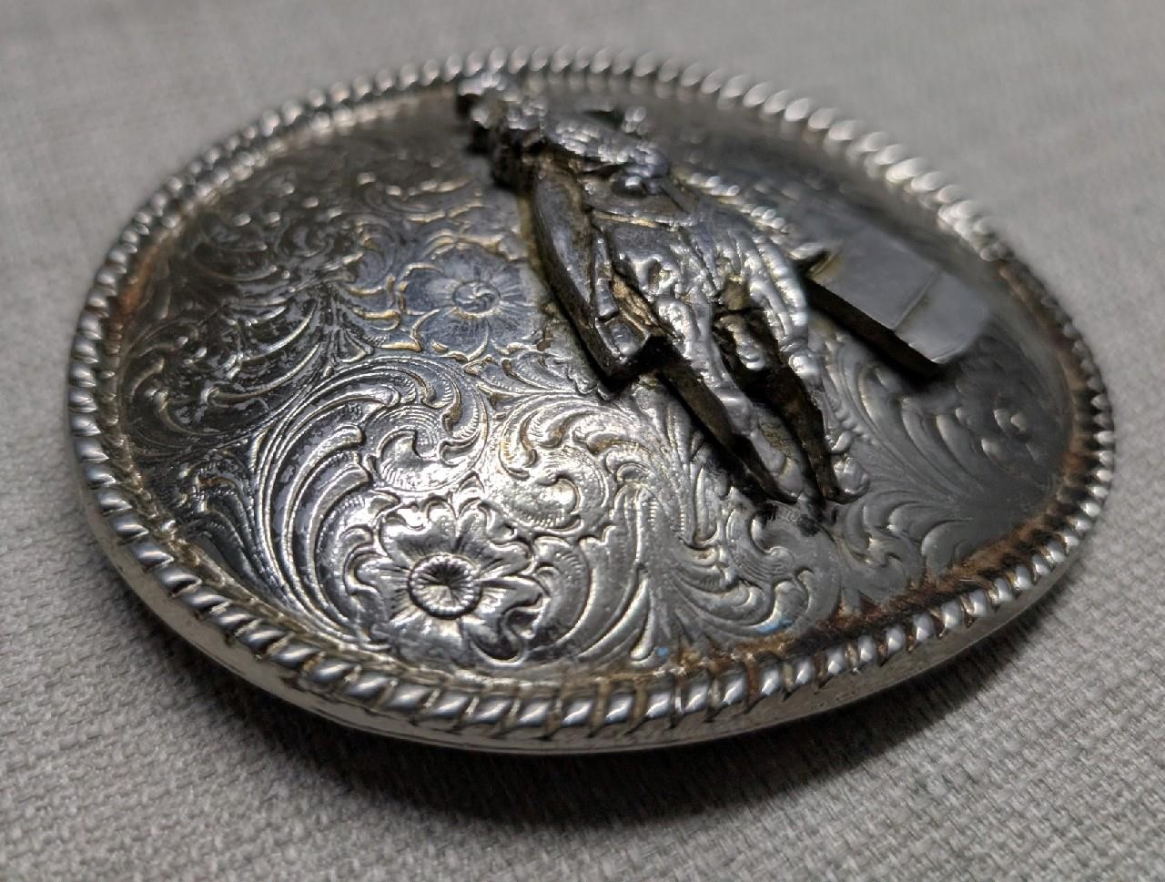 vintage USA made RODEO belt buckle BARREL RACING cowboy cowgirl WESTERN floral