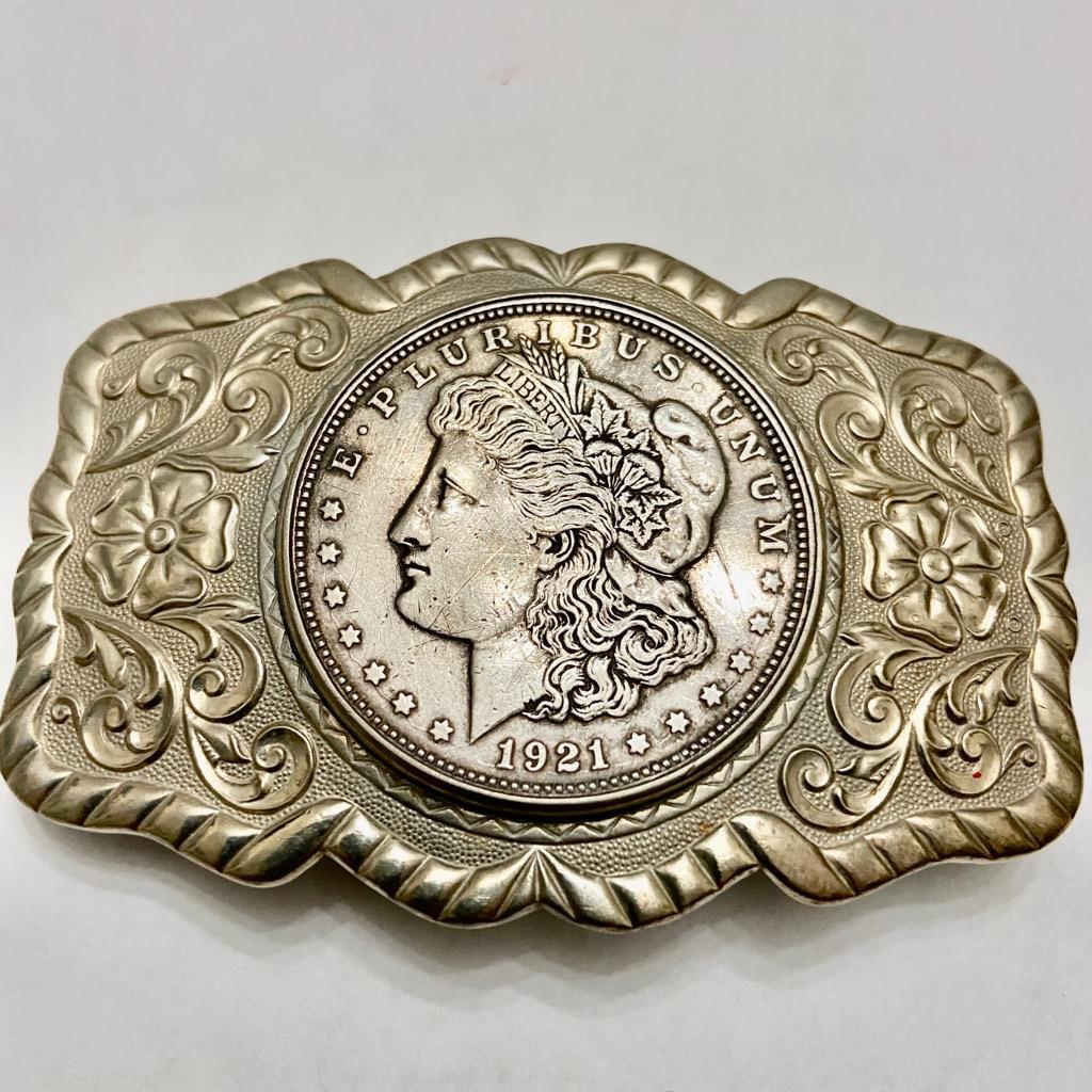 Antique 1921 Silver Morgan Dollar Coin Buckle 3.25in x 2.25in