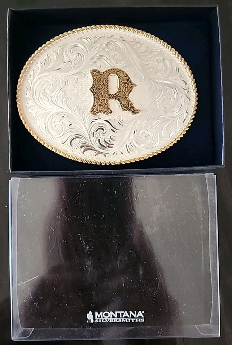 Montana Silversmiths® Silver Engraved Gold Trim « R » Initial Belt Buckle NEW