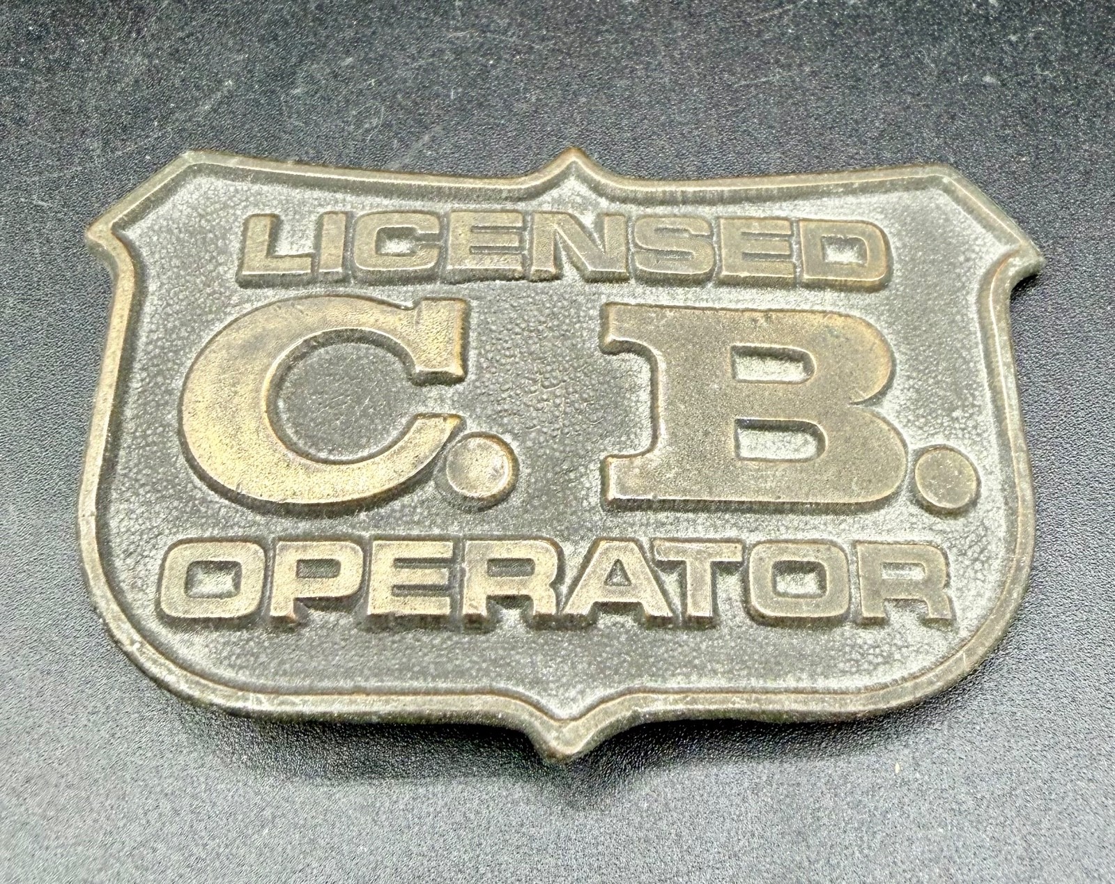 Vintage 1976 Oden Leather Design Brass CB Operator Belt Buckle Trucker Western