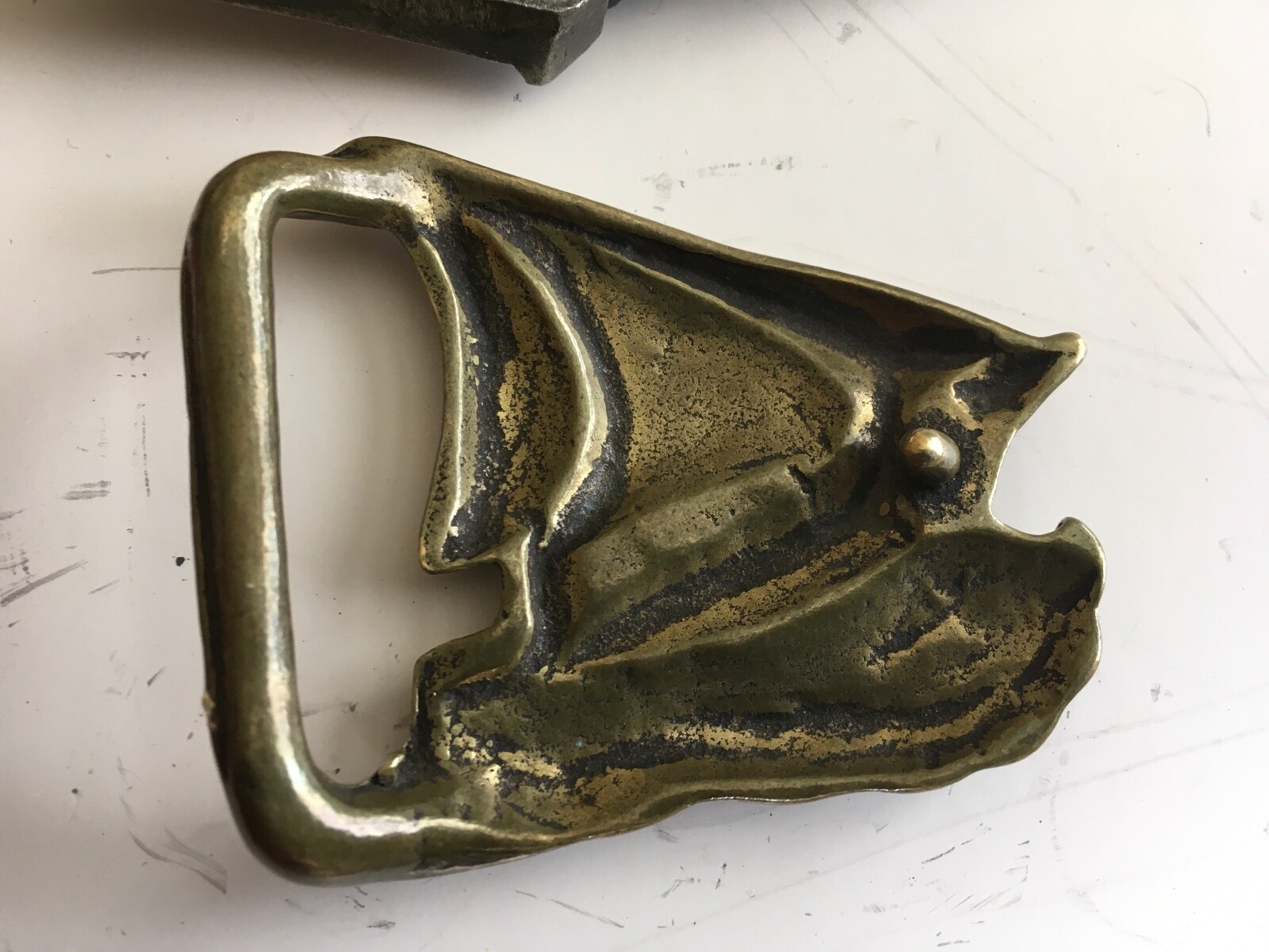 3 Vintage Belt Buckles – Snow Machine, Bull Dozer, Sail Boat – Unused