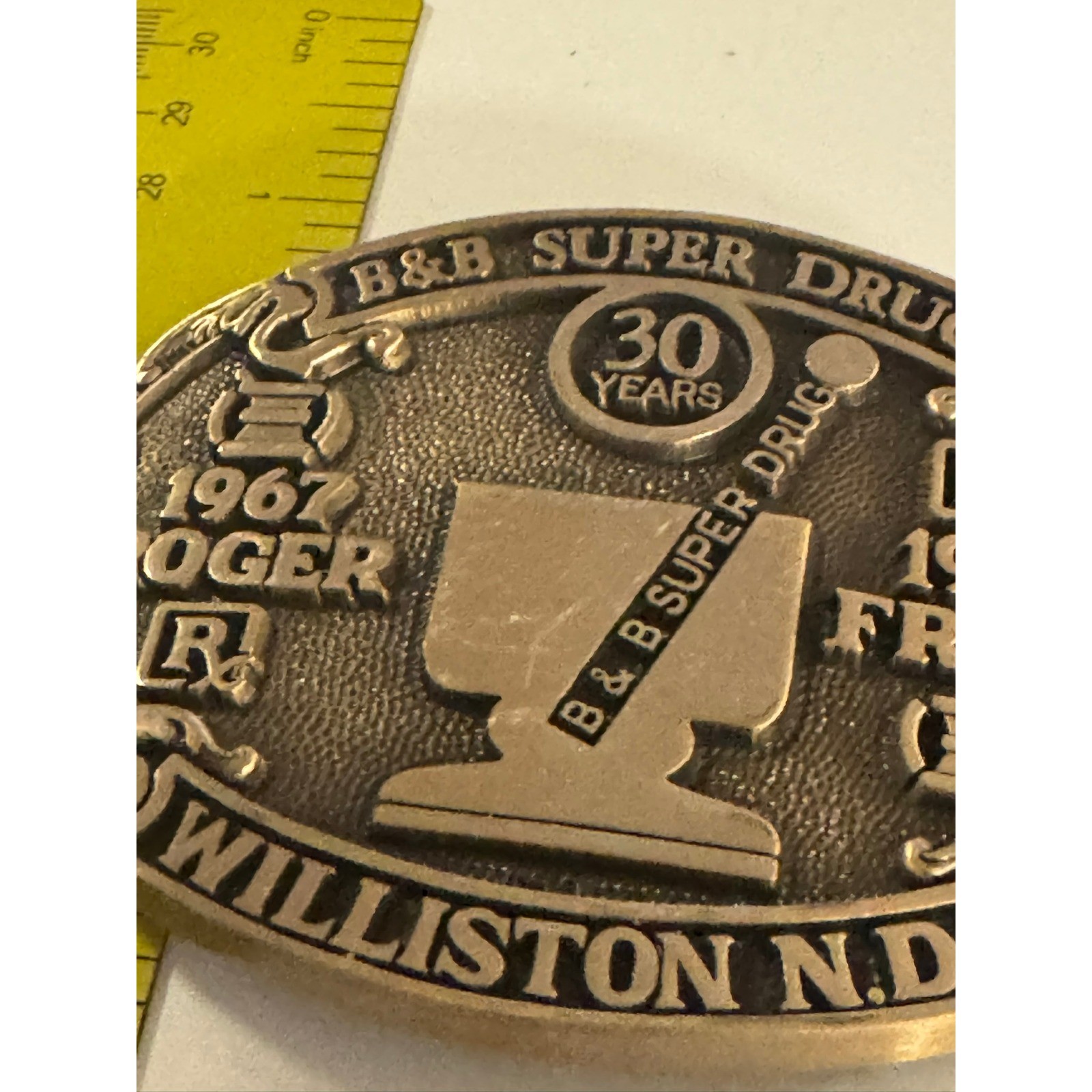 Vintage B&B Super Drug 30 Years Williston ND Belt Buckle 1967-1997 Pharmacy