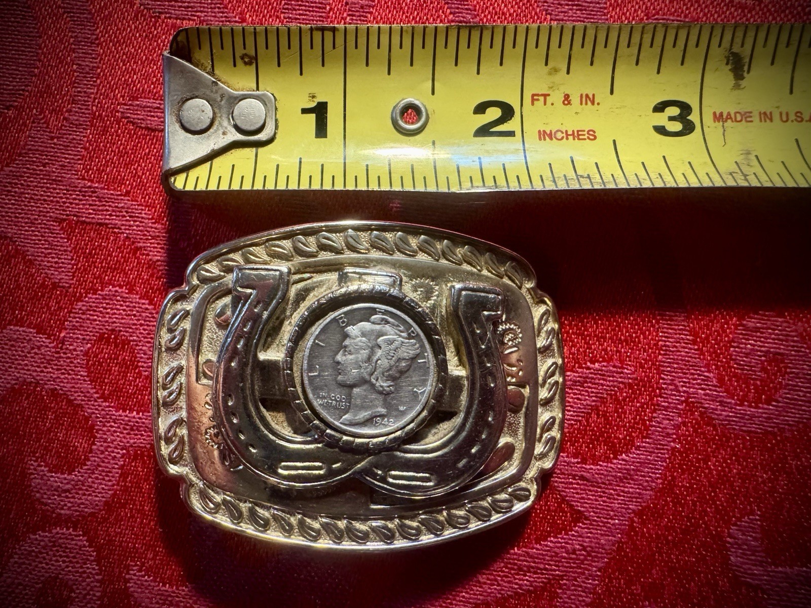 Western Horseshoe Frame Belt Buckle w/ 1942 Mercury Dime Coin, 2 inches