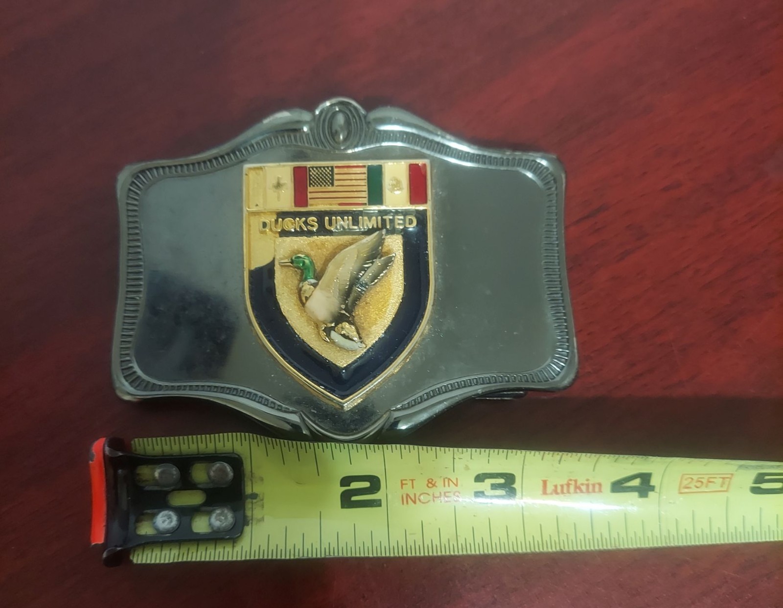 1978 Goldtone Ducks Unlimited Enameled Belt Buckle By A.H.M. Vintage Brass