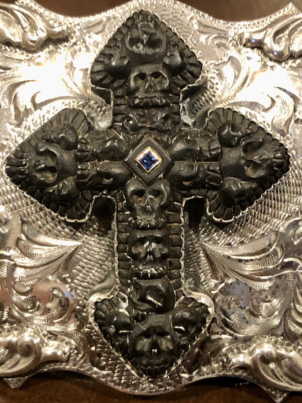 $8K JW Cooper / Comstock Heritage Hand Carved Jet Stone Cross-Skull Belt Buckle