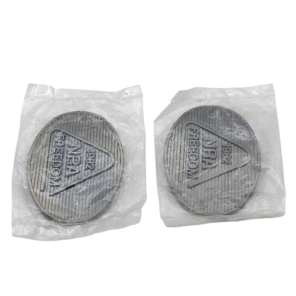 NRA Freedom Pewter Oval Belt Buckles Set Of 2 Collectible NOS Vintage 1982