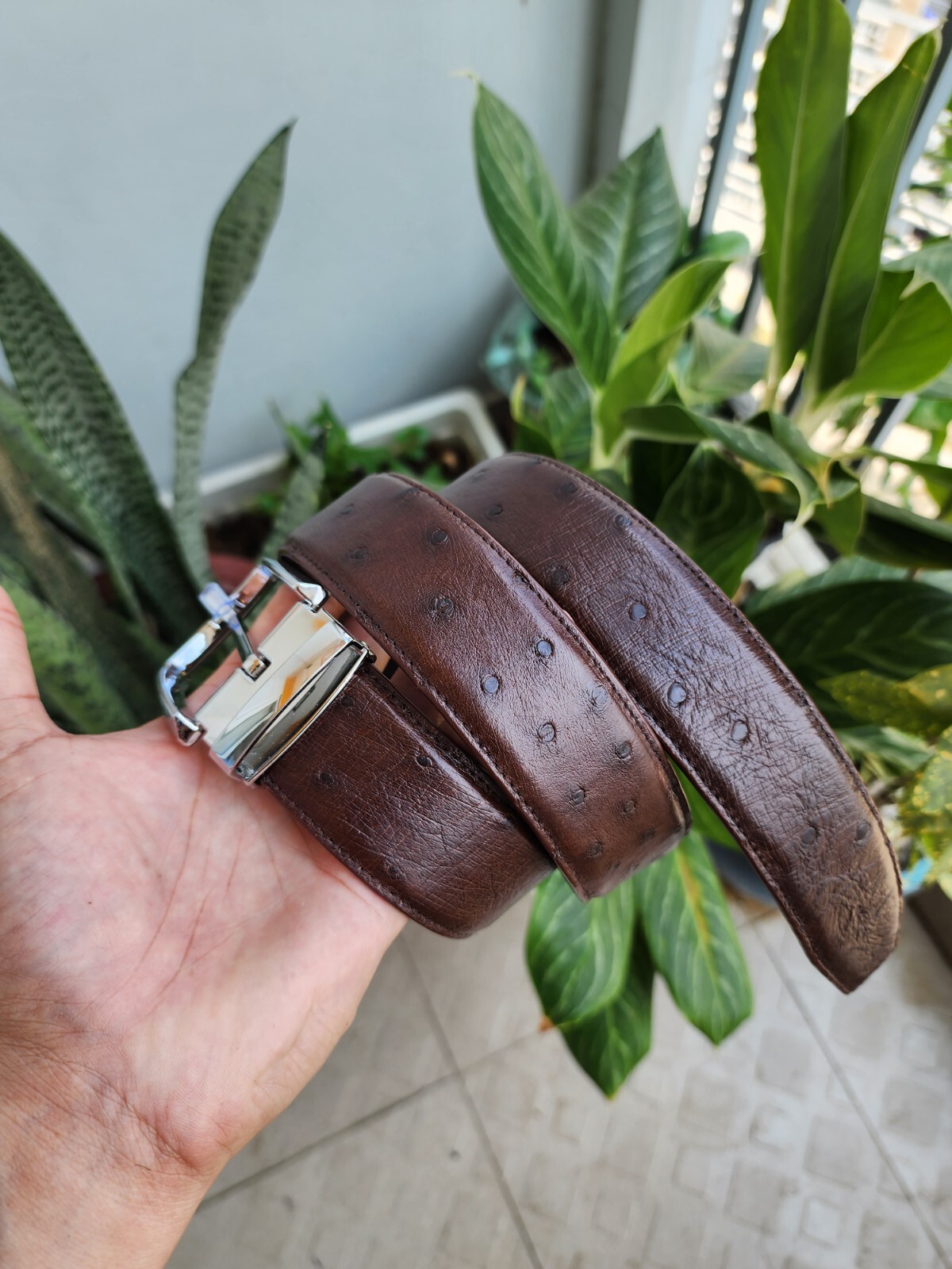 3.8CM Brown 100% Genuine Ostrich Leather Skin Men Belt Buckle- Handmade