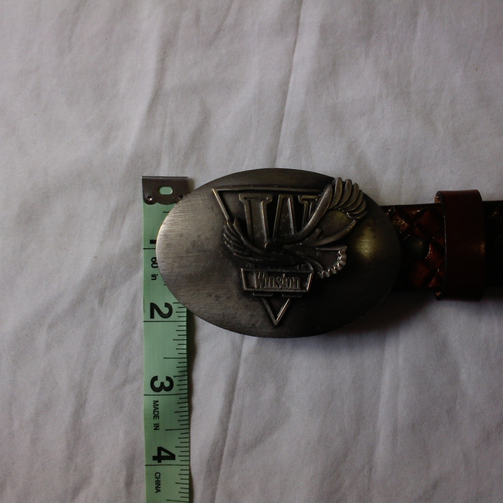 Vtg Winston Buckle W/Hand Stained Bridle Leather Belt 32/34 3D Flying Eagle…