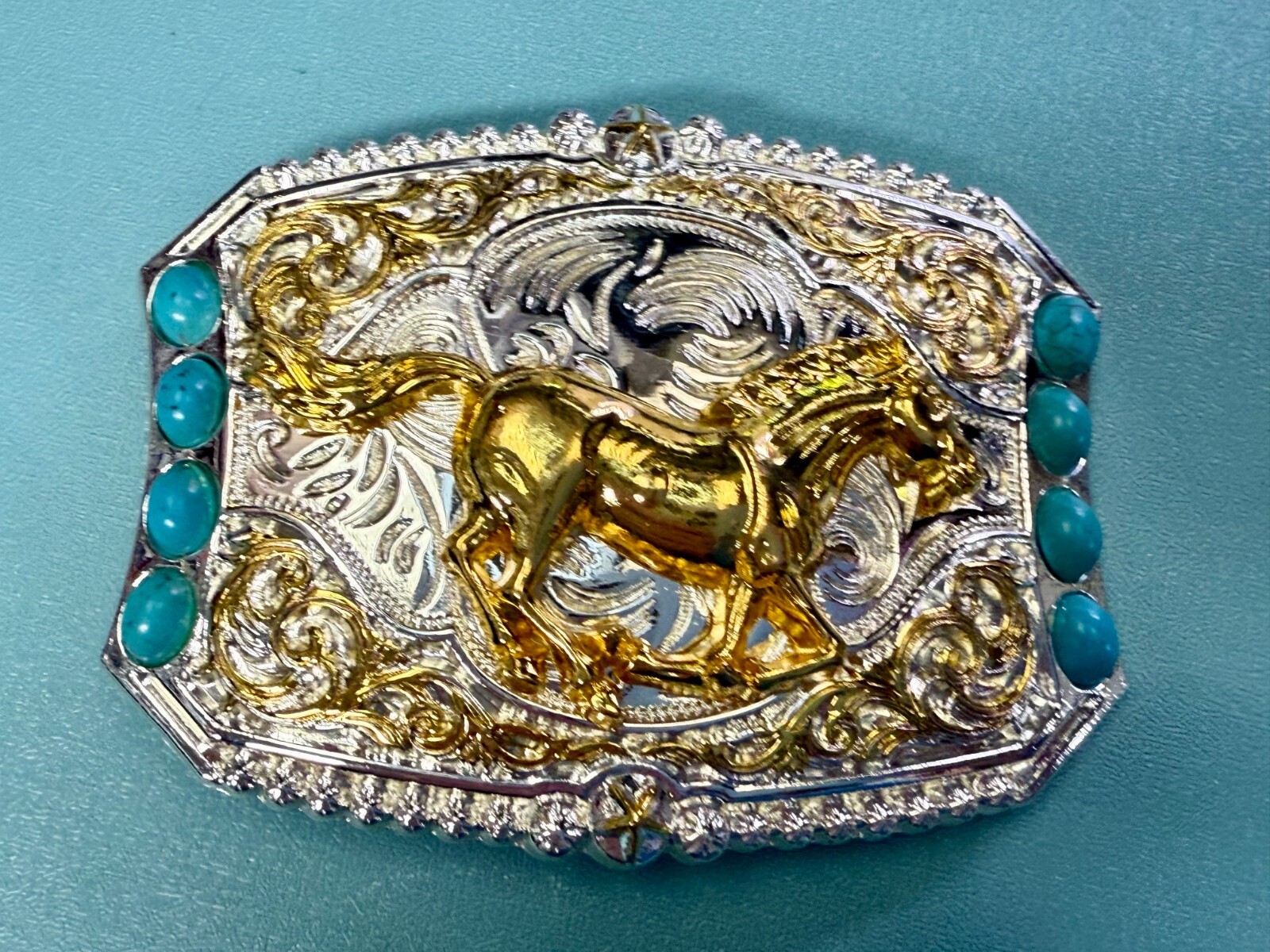Running Galloping Mustang Stallion Horse W/ Faux Turquoise Stones Belt Buckle