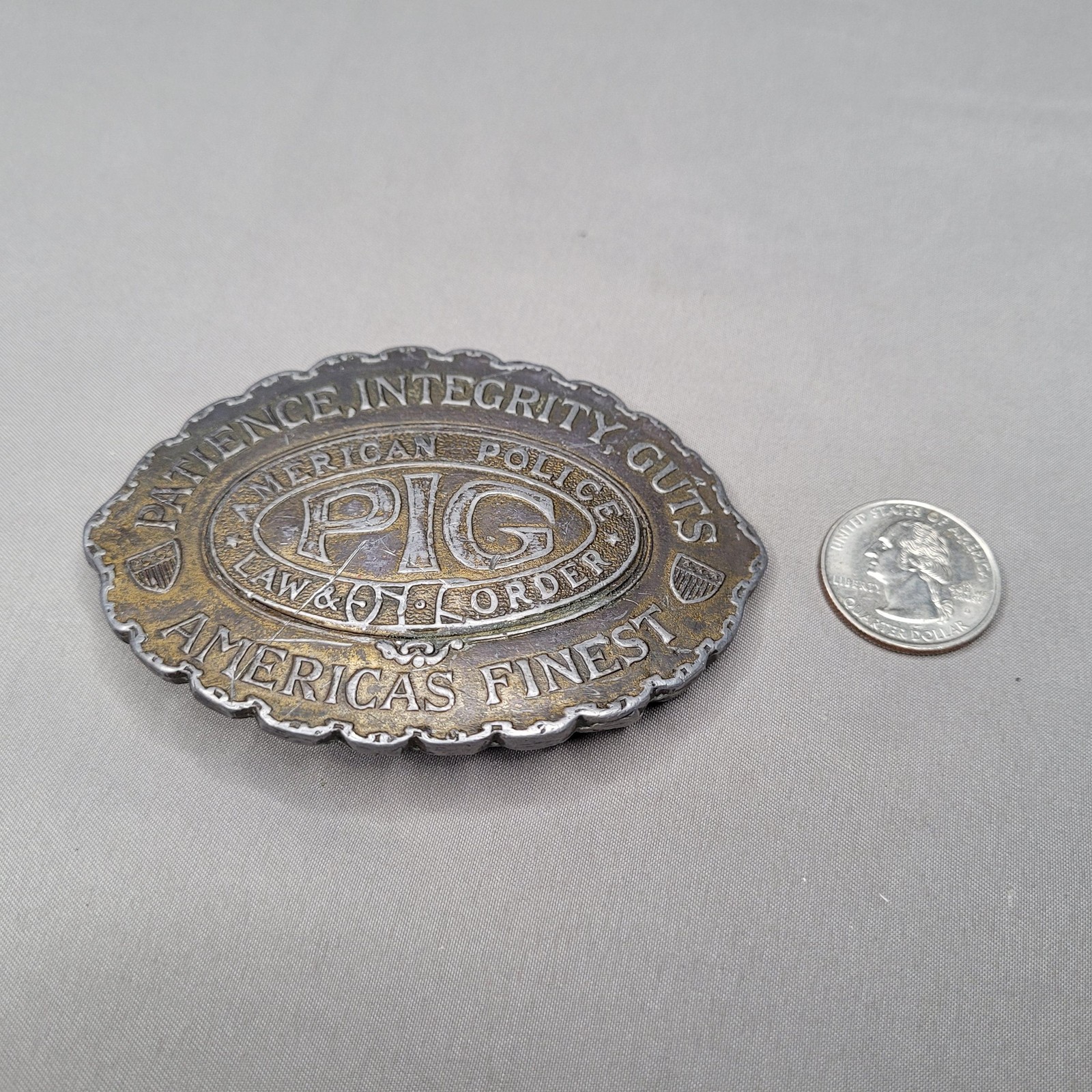 Vintage PIG American Police Belt Buckle Mens One Size Silver Law Order Oval