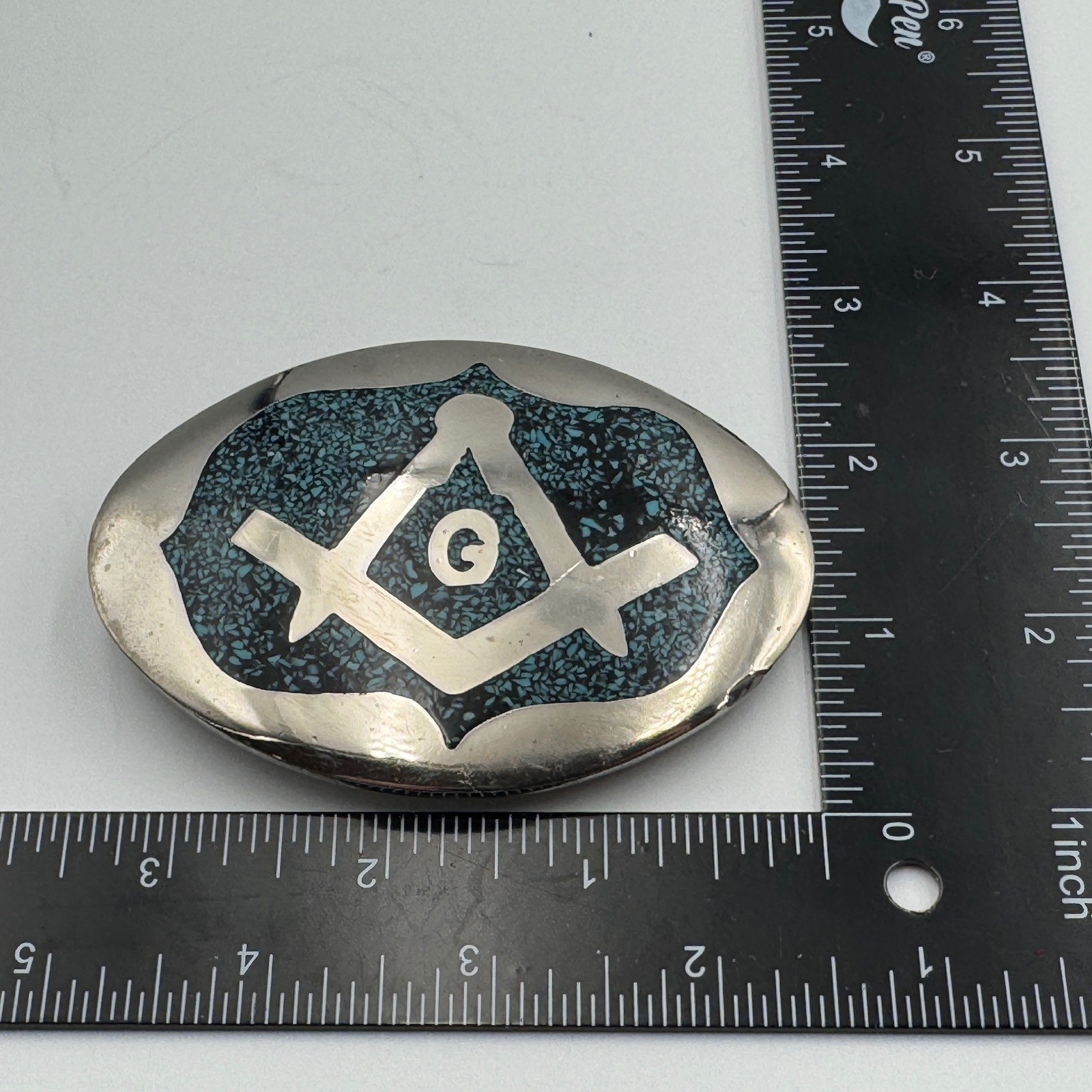 Vintage Masonic Belt Buckle Turquoise Chip Inlay Compass Silver Tone