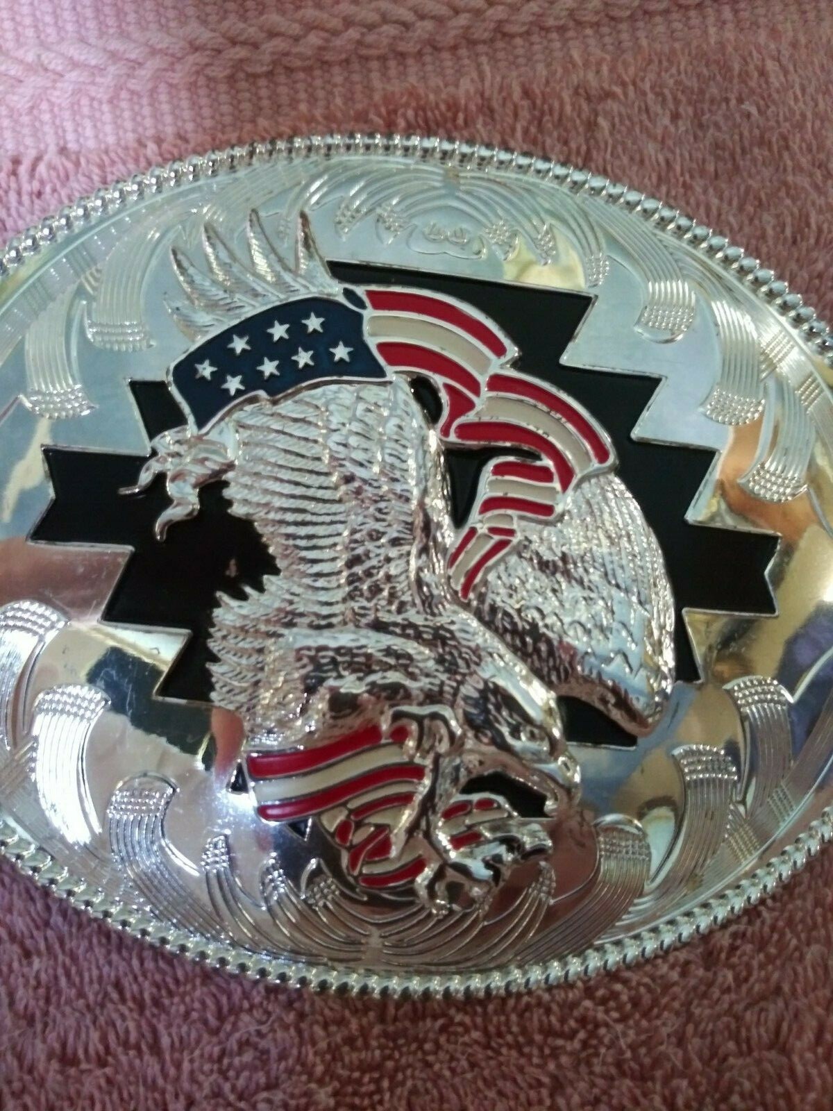 NWOT LARGE SILVER MIRROR STAR RED WHITE BLUE 3D EAGLE BELT BUCKLE 1 1/2&Prime; $65