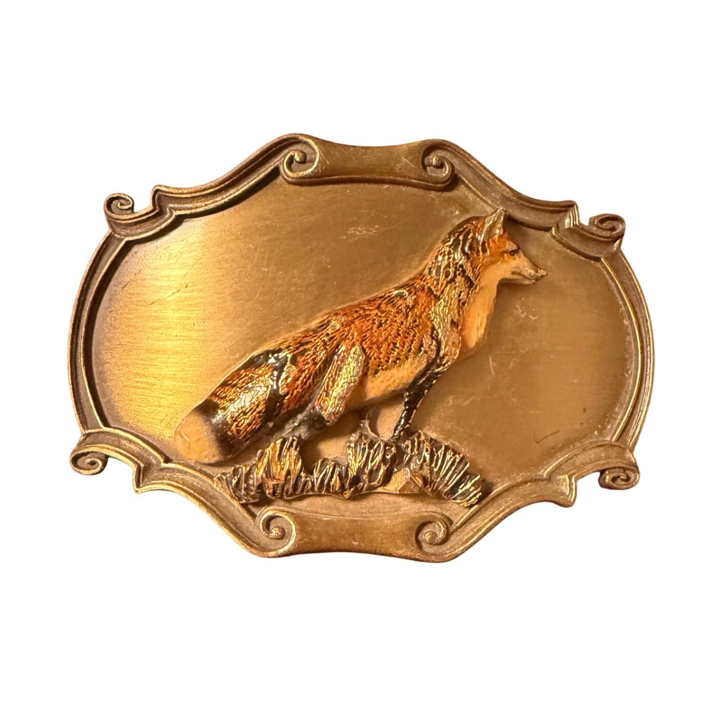 Vtg 1980 Raintree Red Fox Belt Buckle Brass Tone Wildlife 3D Relief Scalloped