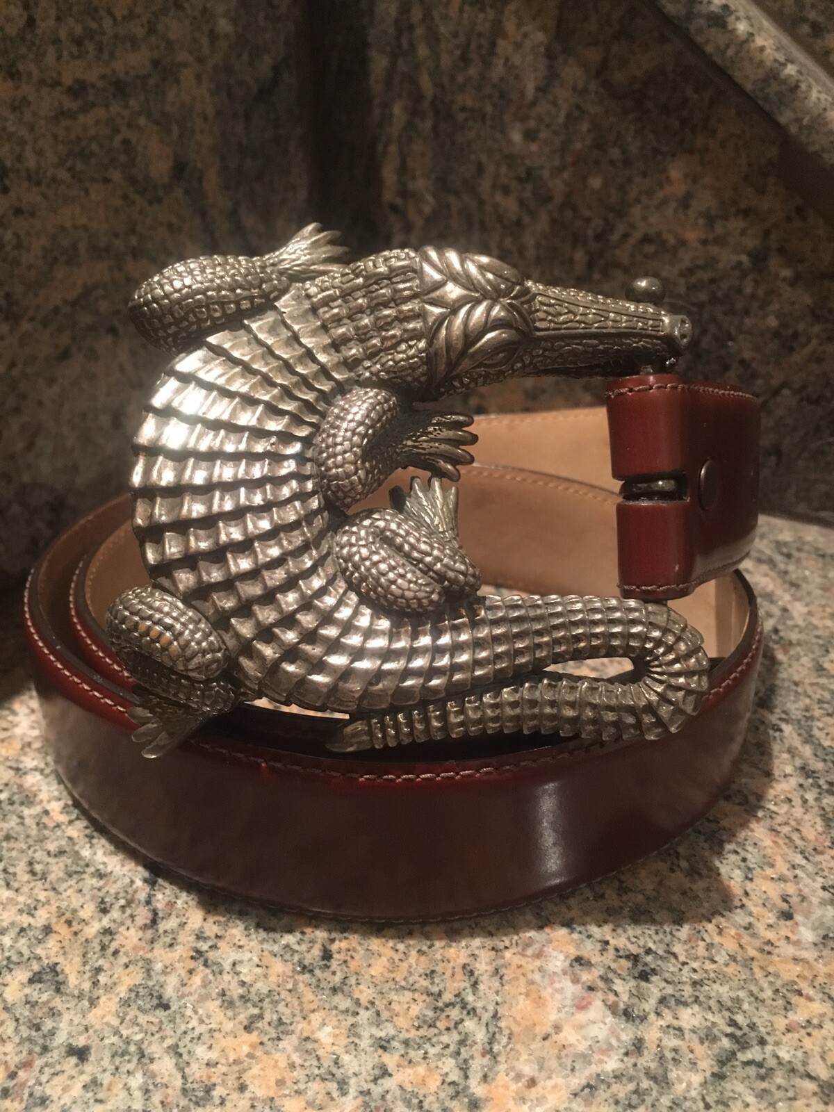 Huge Kieselstein-Cord Sterling Alligator Buckle With Brown Calfskin Belt Size 2