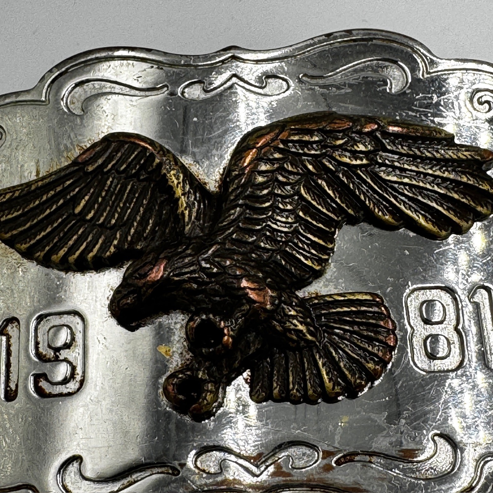 Vintage 1981 Eagle Belt Buckle Western Americana Silver Bronze Two Tone 80s