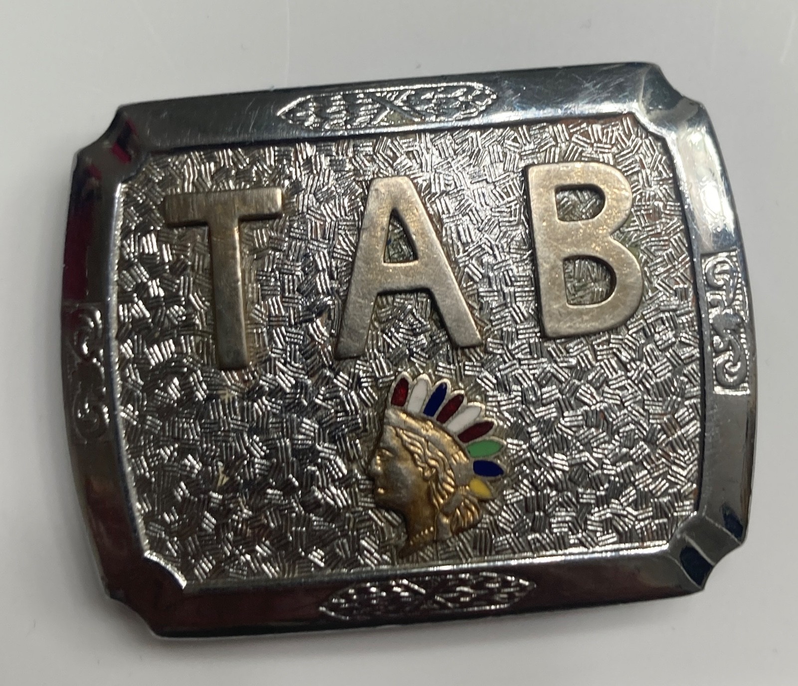 STALDER TAB BELT BUCKLE WUTH INDIAN HEAD ON IT TAB BELT BUCKLE