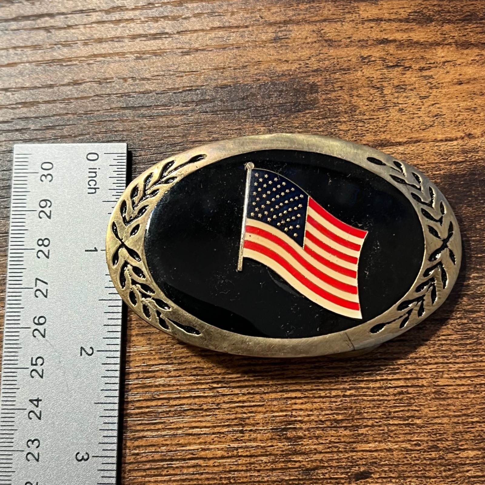 Vintage American Flag Belt Buckle Oval Brass Tone Black Enamel Patriotic USA B19