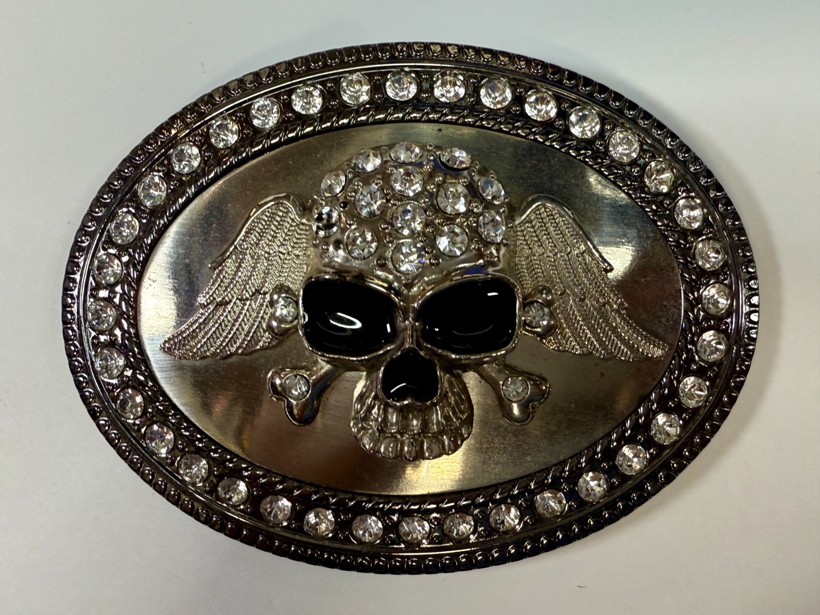 Skull Wings Crossbones with Clear Rhinestone Halloween Gothic LARGE Belt Buckle