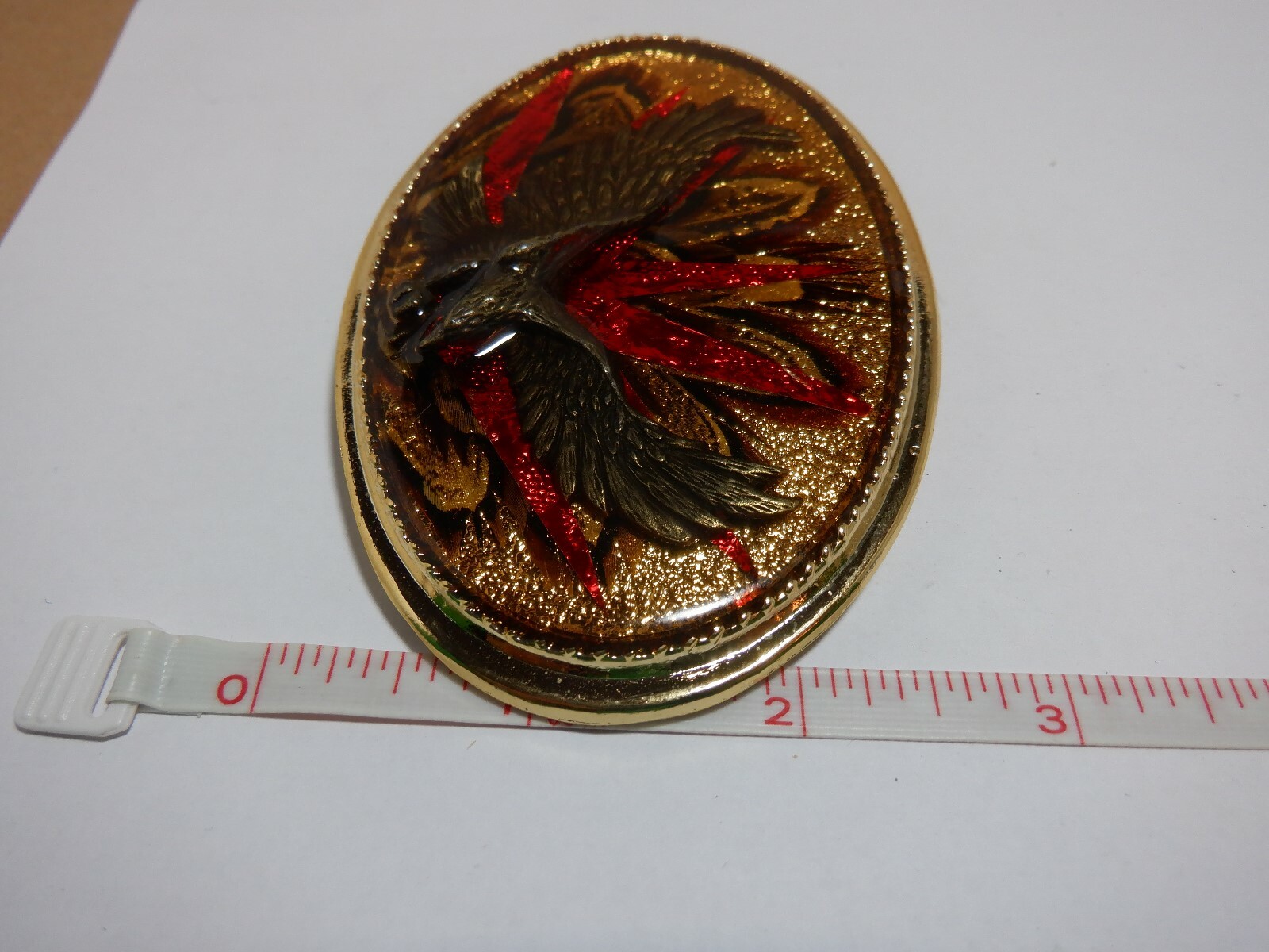 1980s EAGLE with REAL FEATHERS BELT BUCKLE MADE USA GOLD METAL RESIN VINTAGE #6