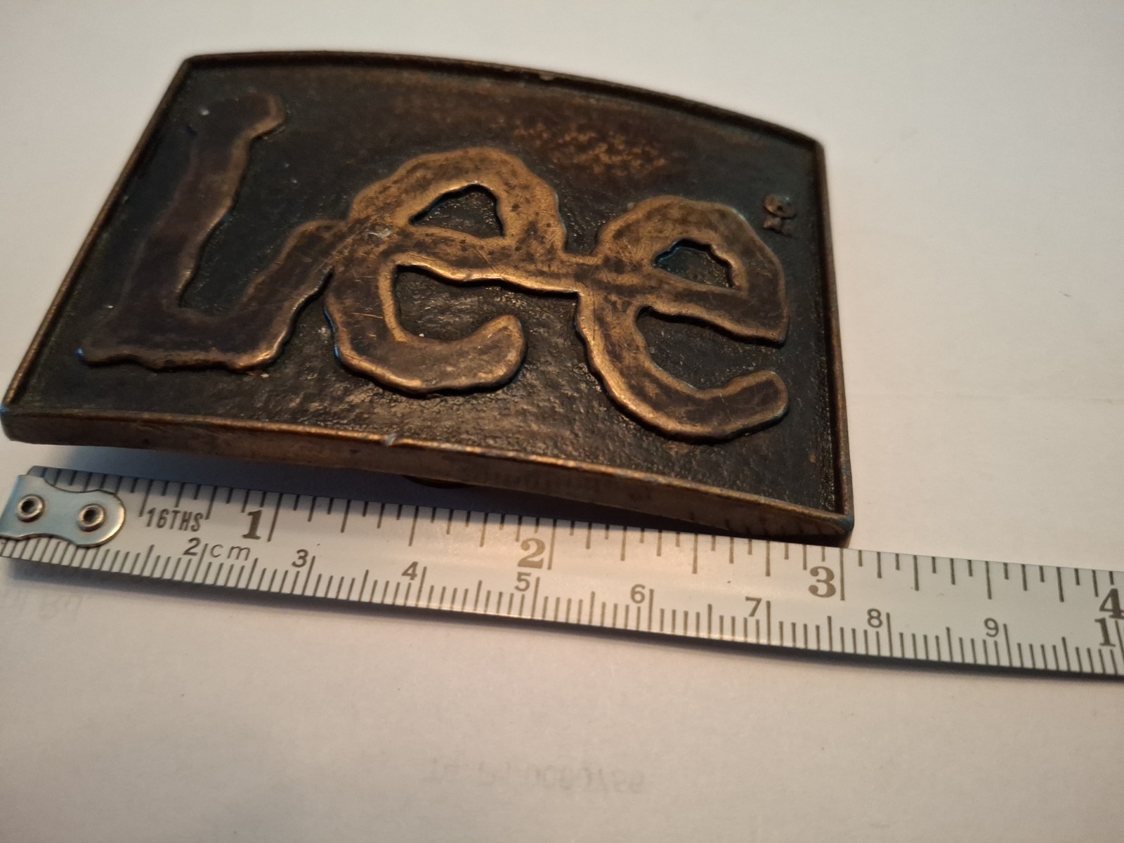 Vintage Lee Jeans Belt Buckle Brass Tone Raised Logo Rectangle 2&Prime; X 3&Prime;