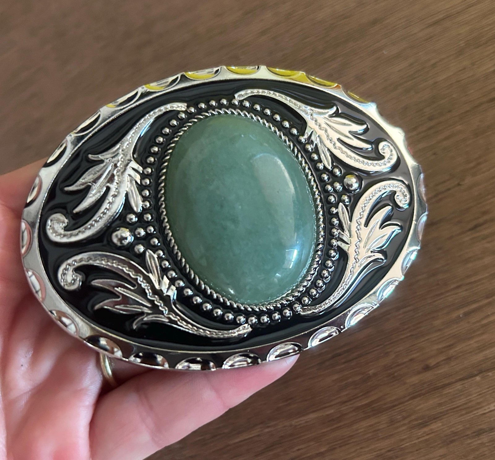 Sage Green Stone Belt Buckle Engraved Silver Western Cowboy Cowgirl Rodeo Style