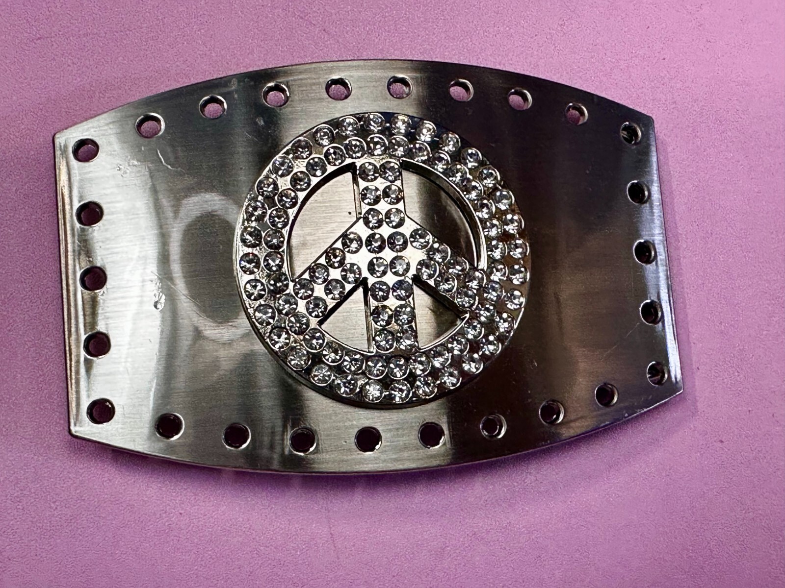 Jeweled Peace Sign Studded Rhinestone Silver Tone Belt Buckle W/ Hole Border