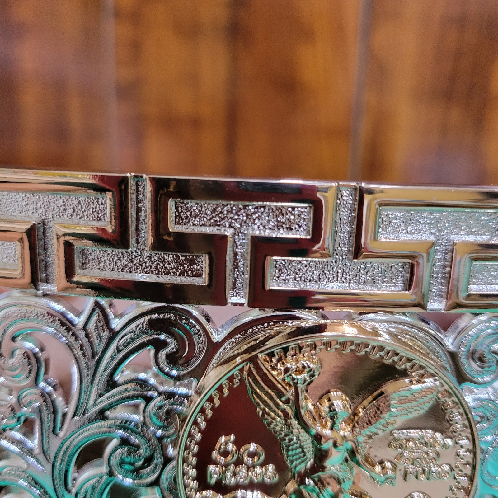 Centenario Cowboy Belt Buckle Western Rodeo Silver & Rose Gold Faux 50 Peso