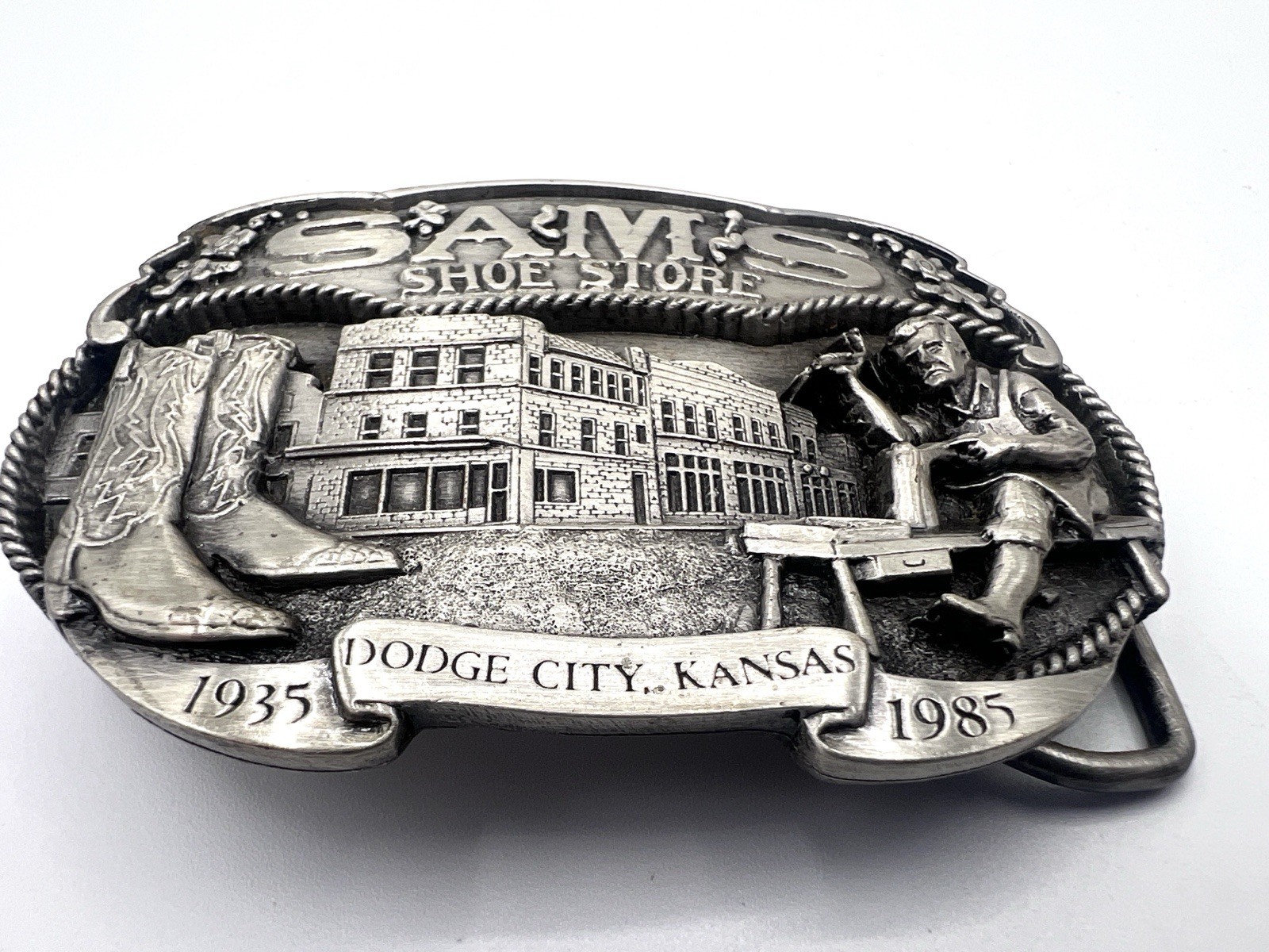 Dodge City Kansas SAM&rsquo;S SHOE STORE 1985 Pewter Belt Buckle Allen Cowboyboy Boots