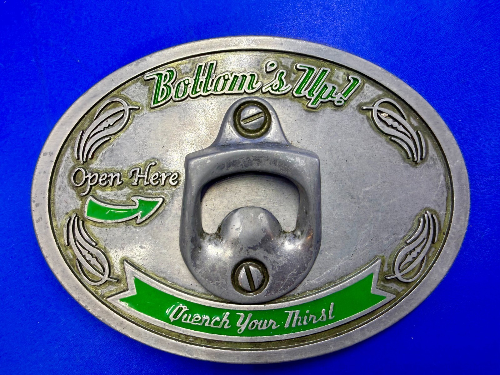 Bottom&rsquo;s Up! Open Here Quench Your Thirst Belt Buckle with Bottle Opener