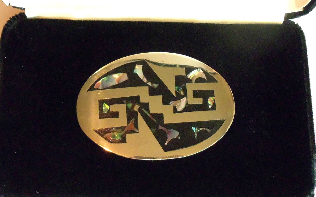 MEXICO Signed ABALONE MOTHER OF PEARL OVAL BELT BUCKLE VINTAGE