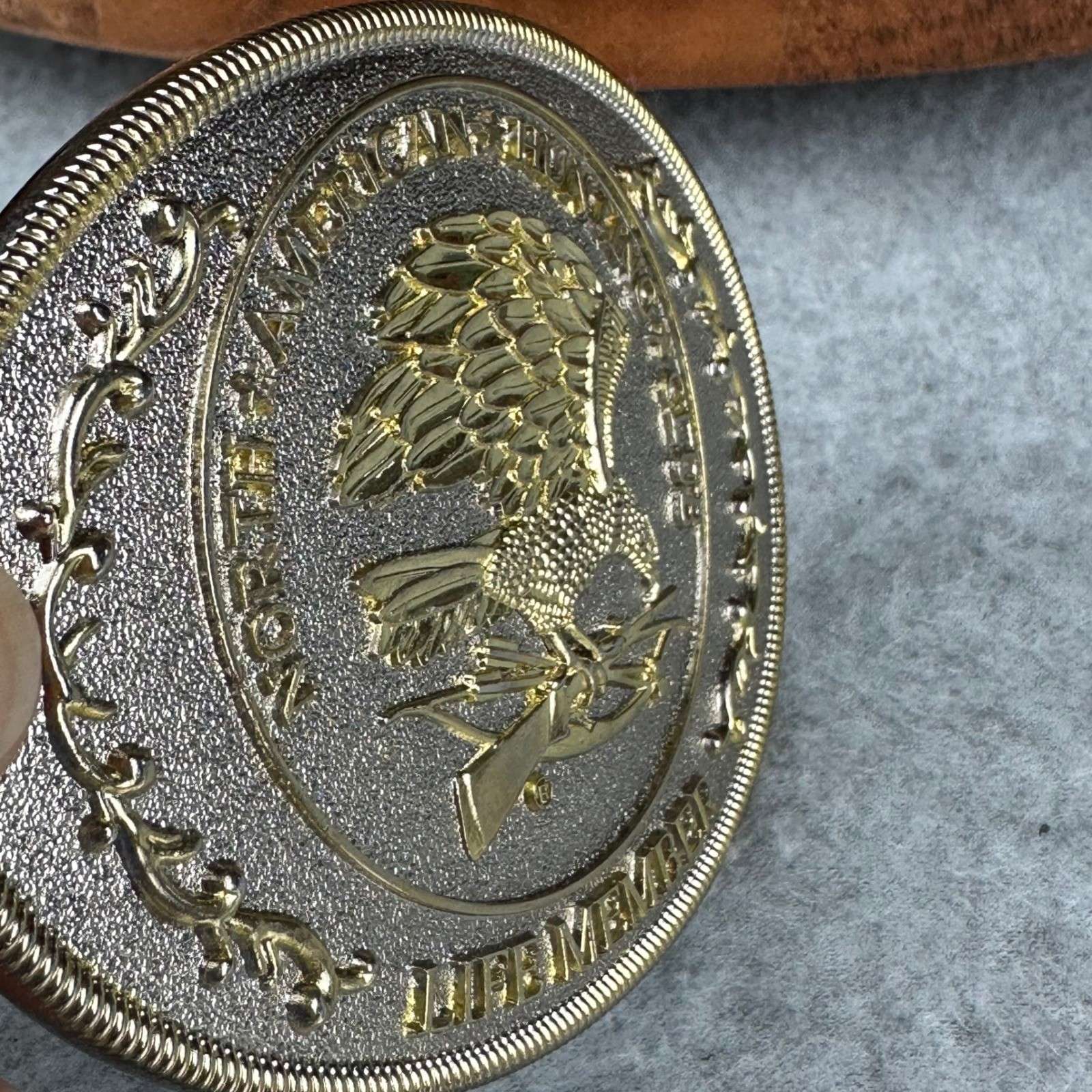 North American Hunting Club Life Member Belt Buckle Gold Silver Eagle Rifle Oval