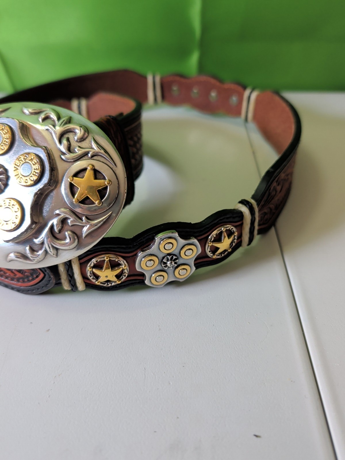 leather belt Brown Silver Creek Classics and Belt Buckle cowboy Western size 38
